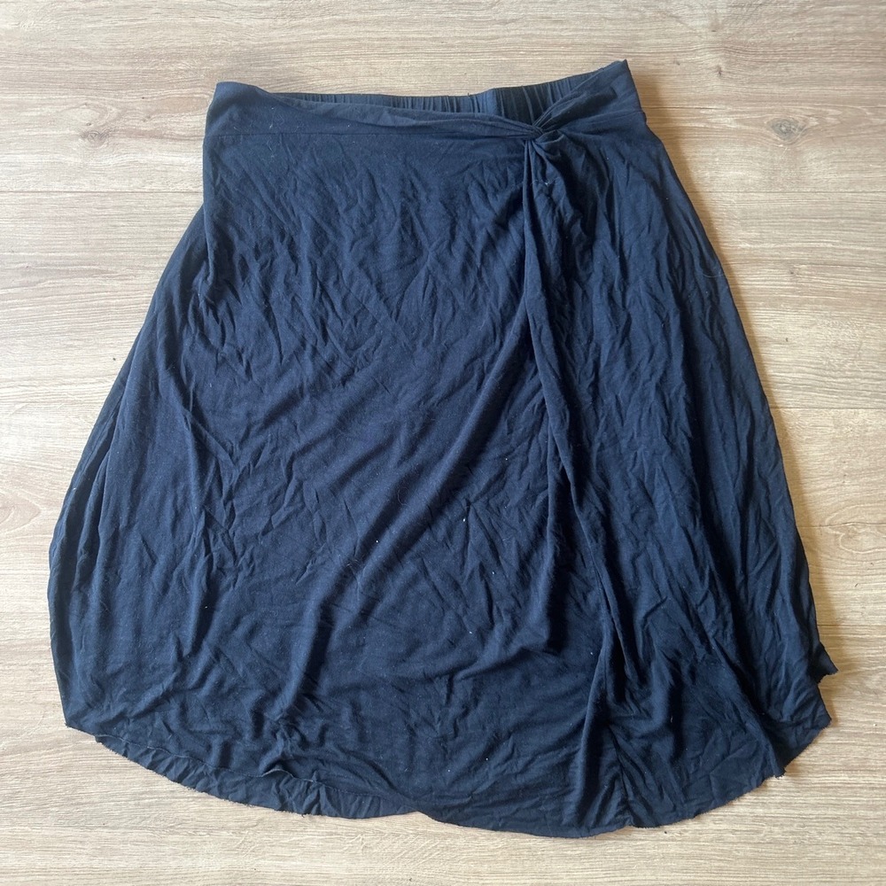 Prana Womens Black Jersey Knit Faux Wrap Knot Front Skirt Large